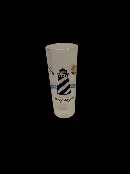 Tall frosted lighthouse with glitter shot glass
